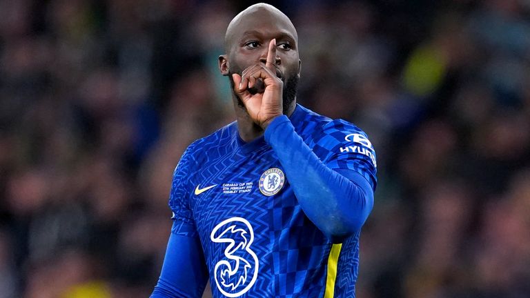 Chelsea's Romelu Lukaku celebrates after scoring his second penalty kick in the penalty shootout during the Carabao Cup final at Wembley Stadium in London.  Photo date: Sunday, February 27, 2022.