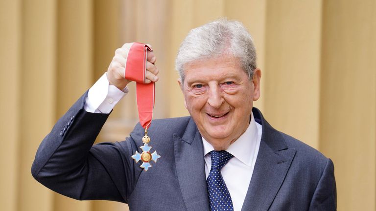 Former England manager Roy Hodgson poses after he was made a CBE (Commander of the Order of the British Empire) by Prince William, during an investiture ceremony at Buckingham Palace in London, Wednesday May 4, 2022. 
