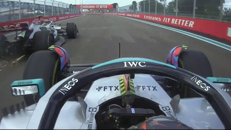 George Russell overtakes Lewis Hamilton