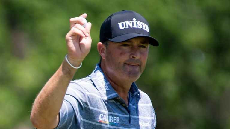 Ryan Palmer waves at the crowd after completing the ninth hole during the second round of the AT&T Byron Nelson golf tournament in McKinney, Texas, on Friday, May 13, 2022. (AP Photo/Emil Lippe)