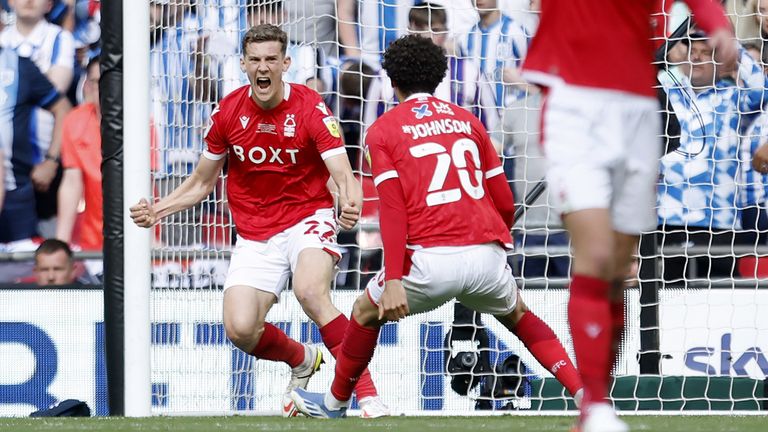 Nottingham Forest&#39;s Ryan Yates celebrates their side&#39;s first goal of the game, an own goal by Huddersfield Town&#39;s Levi Colwill