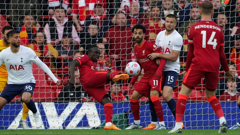 Liverpool&#39;s Sadio Mane shoots at goal during Premier League match against Tottenham