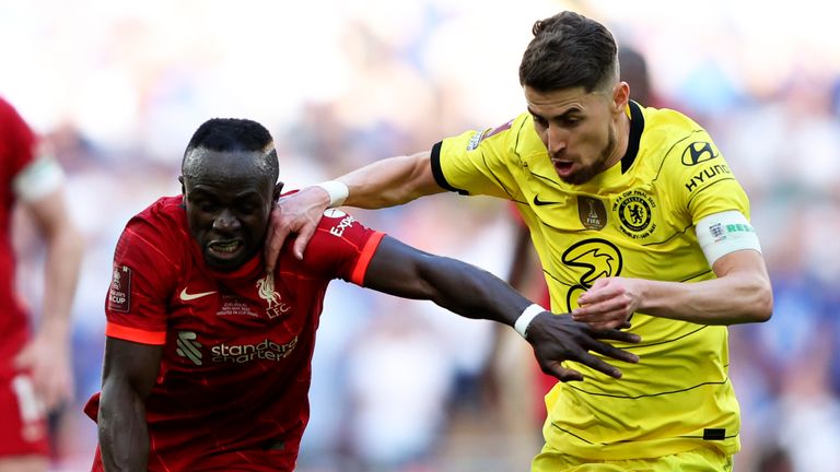 Sadio Mane and Jorginho battle for the ball 