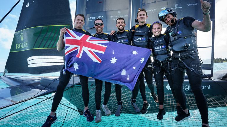 Australia SailGP Team helmed by Tom Slingsby celebrate winning Bermuda SailGP (Image credit: Thomas Lovelock for SailGP)