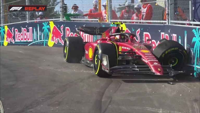 Carlos Sainz of Ferrari gains too much speed in exchange for 13 and crashes out of P2