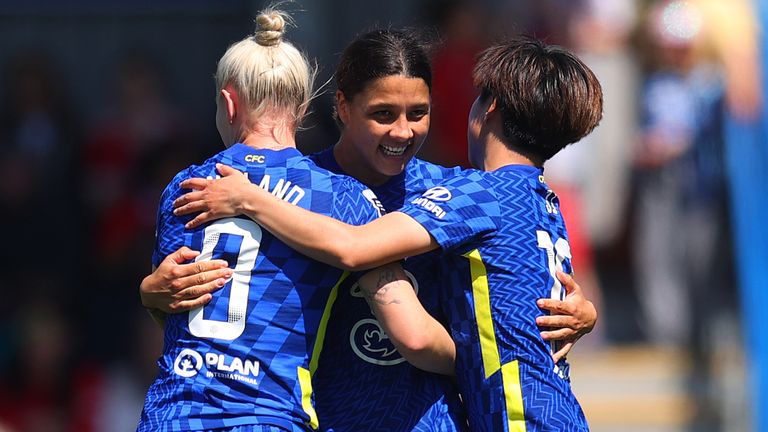 Sam Kerr is mobbed by her team-mates after scoring Chelsea's fourth goal against Manchester United