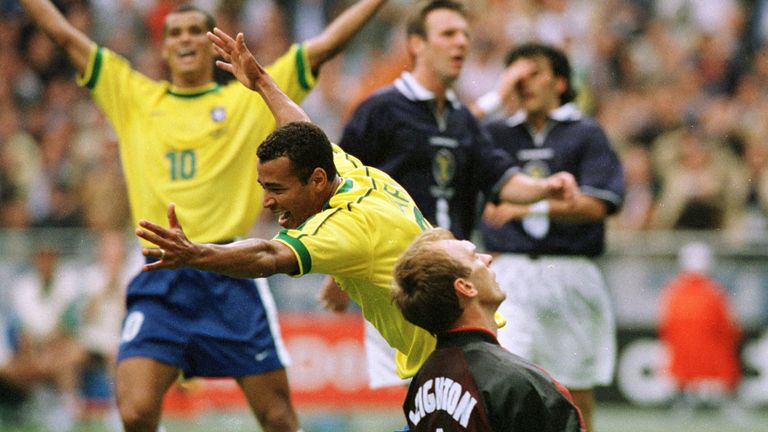 Brazil celebrate defeating Scotland at the 1998 World Cup