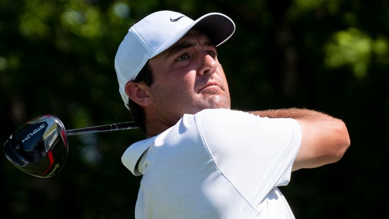 Scottie Scheffler tees off on the second hole during the fourth round of the AT&T Byron Nelson golf tournament in McKinney, Texas, on Sunday, May 15, 2022. (AP Photo/Emil Lippe)