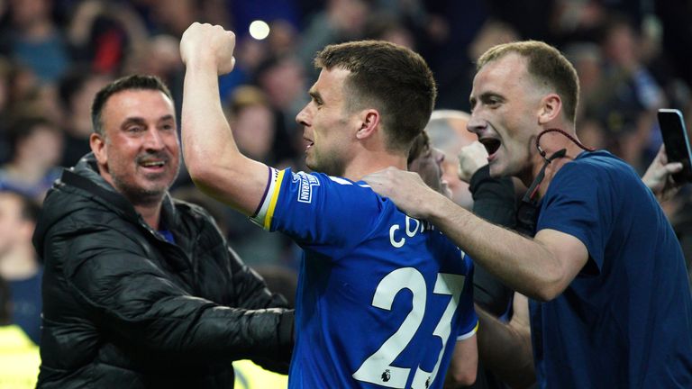 Seamus Coleman salutes the Everton supporters