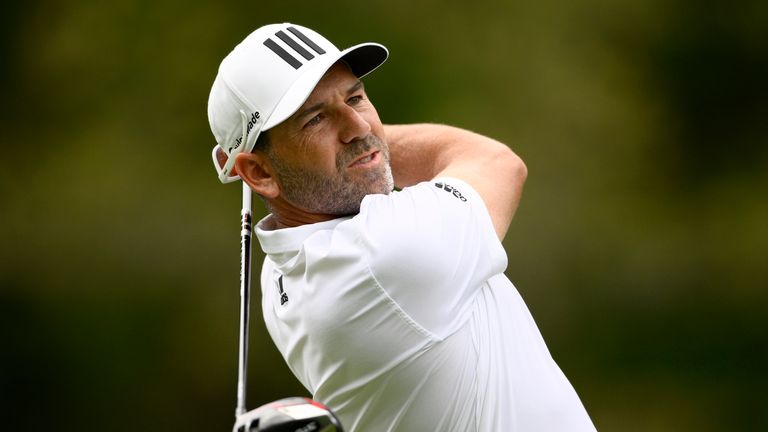 Sergio Garcia, of Spain, hits off the 11th tee during the first round of the Wells Fargo Championship golf tournament, Thursday, May 5, 2022, at TPC Potomac at Avenel Farm golf club in Potomac, Md. (AP Photo/Nick Wass)