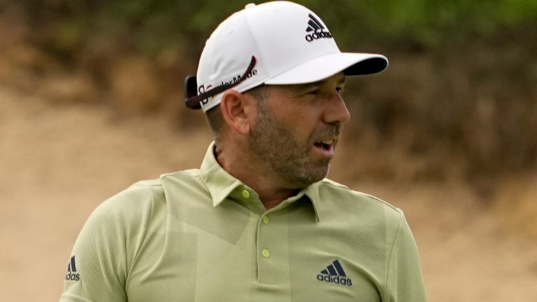 Sergio Garcia, of Spain, reacts after missing a putt  on the 18th hole during the second round of the PGA Championship golf tournament at Southern Hills Country Club, Friday, May 20, 2022, in Tulsa, Okla. (AP Photo/Matt York)