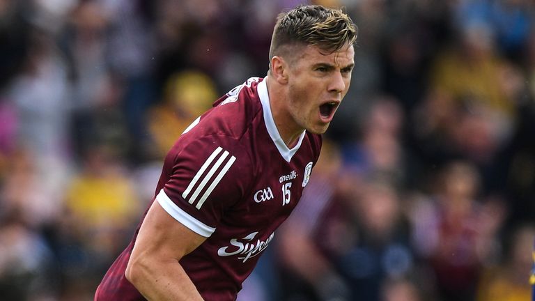 29 May 2022; Shane Walsh of Galway celebrates after scoring his side's first goal during the Connacht GAA Football Senior Championship Final match between Galway and Roscommon at Pearse Stadium in Galway. Photo by E..in Noonan/Sportsfile