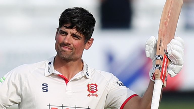CHELMSFORD, ENGLAND - MAY 05: Alastair Cook of Essex acknowledges the applause as he scores a century. during the LV= Insurance County Championship match between Essex and Yorkshire at The Cloud County Ground on May 5, 2022 in Chelmsford, England. (Photo by Mark Leech/Offside/Offside via Getty Images)