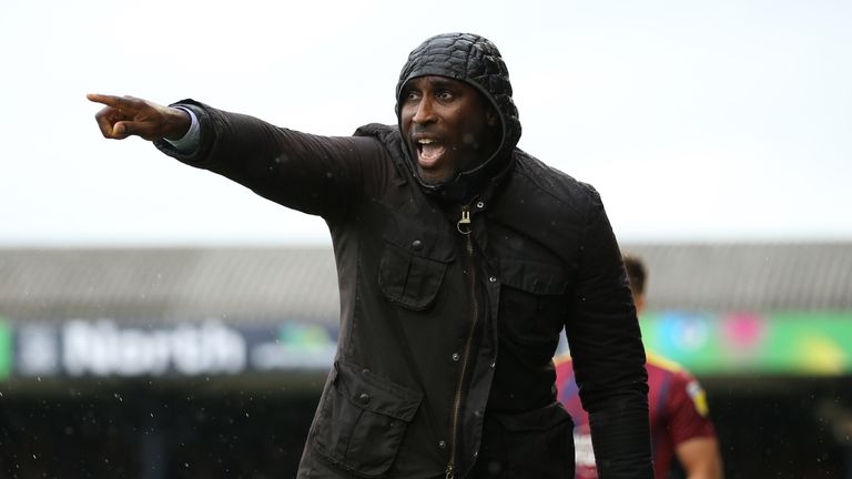 Southend United manager Sol Campbell gestures on the touchline during the Sky Bet League One match at Roots Hall, Southend.