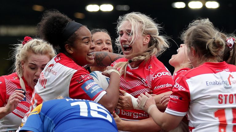 St Helens celebrate a try by Jodie Cunningham in their Women's Challenge Cup final win over Leeds Rhinos
