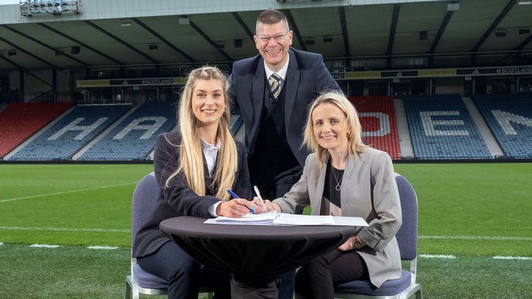 SWFL company secretary Molly Hyde (left) and interim managing director Fiona McIntyre (right) join SPFL CEO Neil Doncaster in celebrating the formal adoption of the new format of the women’s game in Scotland