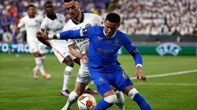 Frankfurt's Filip Kostic, left, challenges Rangers' James Tavernier