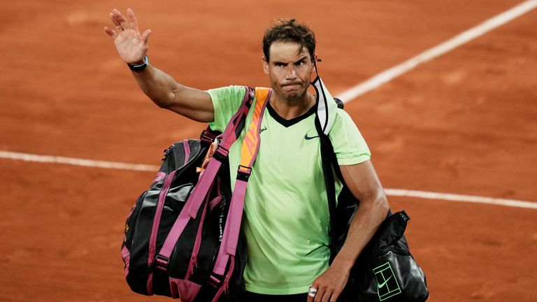 Spain&#39;s Rafael Nadal waves to the crowd after losing to Serbia&#39;s Novak Djokovic in their semifinal match of the French Open tennis tournament at the Roland Garros stadium Friday, June 11, 2021 in Paris. Djokovic won 3-6, 6-3, 7-6 (4), 6-2.