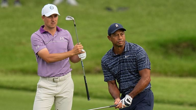 Tiger Woods and Jordan Spieth during the first round of the PGA Championship