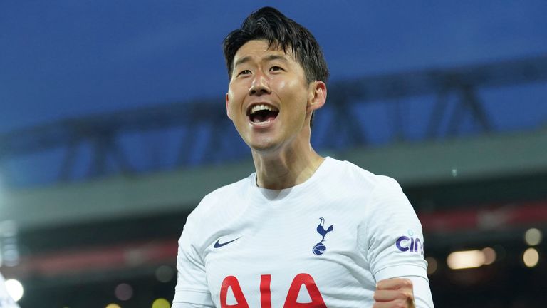 Tottenham&#39;s Heung-Min Son celebrates after scoring against Liverpool