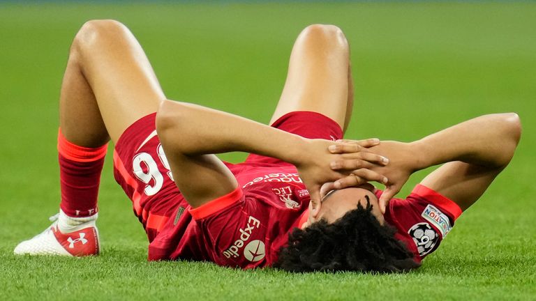 Liverpool&#39;s Trent Alexander-Arnold reacts at the end of the Champions League final soccer match between Liverpool and Real Madrid at the Stade de France in Saint Denis near Paris, Saturday, May 28, 2022. Real Madrid defeated Liverpool 1-0. (AP Photo/Manu Fernandez)