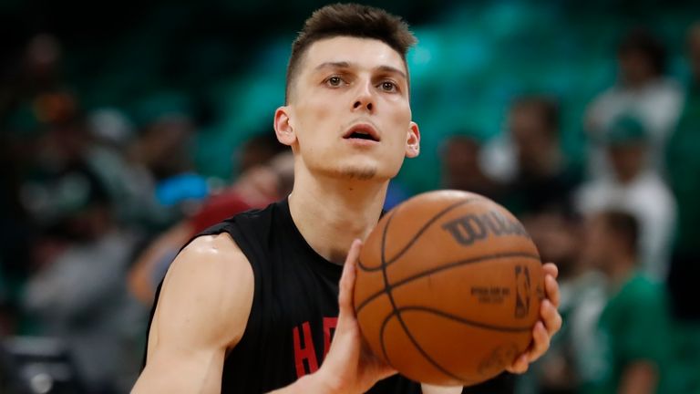 Tyler Herro shoots the ball during warm-up for Game 3