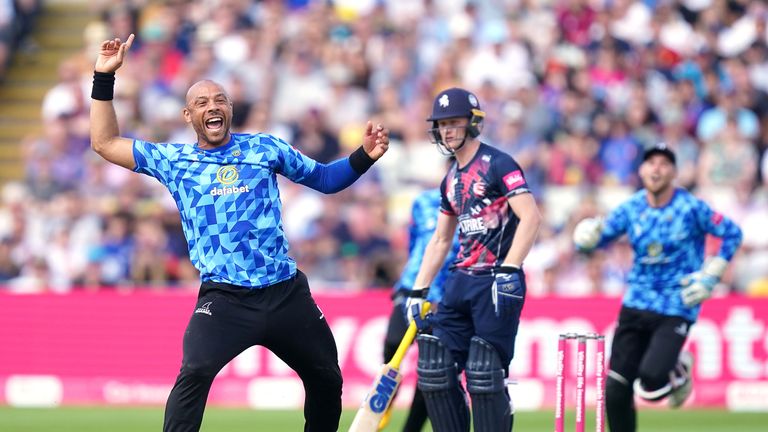 Sussex&#39;s Tymal Mills celebrating a wicket during the Vitality Blast semi-final match against Kent at Edgbaston