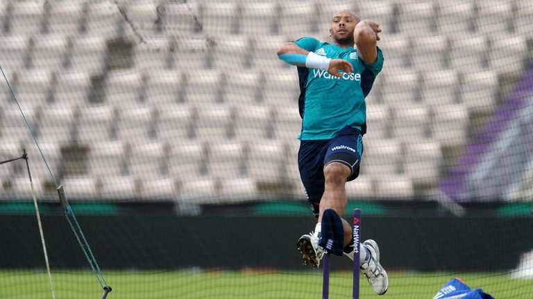 England&#39;s Tymal Mills bowls during a nets session at the Ageas Bowl in 2016