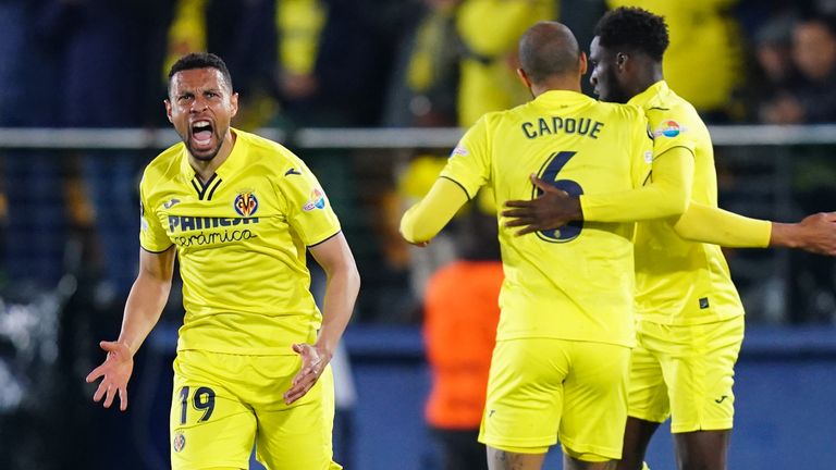 Villarreal celebrate Boley Dia's first goal against Liverpool in the second leg.