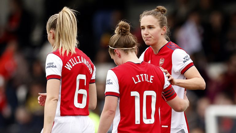 Arsenal's Vivianne Miedema (right) celebrates her team's first goal with her teammates