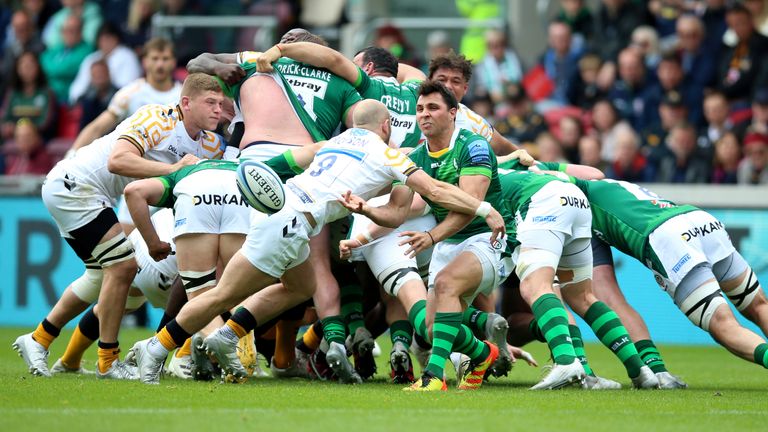 London Irish's Nick Phipps passes from the scrum during the Gallagher Premiership match against Wasps