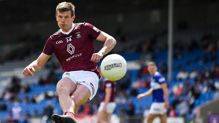 29 May 2022; John Heslin of Westmeath takes a first half penalty, that was saved and put out for a '45 by Laois goalkeeper Danny Bolger, not pictured, during the Tailteann Cup Round 1 match between Laois and Westmeath at MW Hire O'Moore Park in Portlaoise, Laois. Photo by Piaras .. M..dheach/Sportsfile