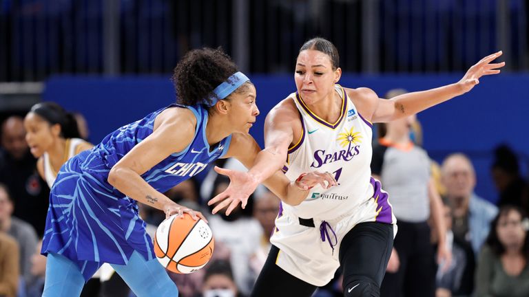 Chicago Sky forward Candace Parker, left, is defended by Los Angeles Sparks center Liz Cambage, right, during the first half of the WNBA basketball game, Friday, May 6, 2022, in Chicago. (AP Photo/Kamil Krzaczynski)