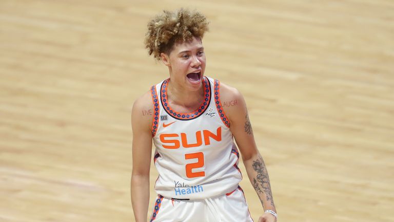 Connecticut Sun&#39;s Natisha Hiedeman (2) during a WNBA basketball game against the Indiana Fever, Wednesday, May 19, 2021, in Uncasville, Conn.