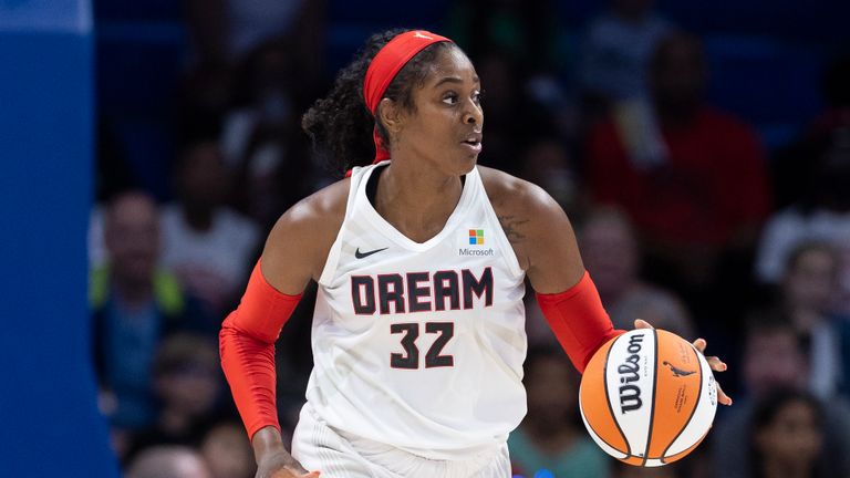 Atlanta Dream forward Cheyenne Parker defends during a WNBA basketball game against the Dallas Wings, Saturday, May 7, 2022, in Arlington, Texas. Atlanta won 66-59. 