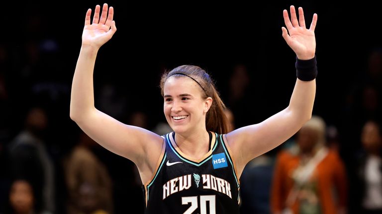 New York Liberty guard Sabrina Ionescu (20) reacts against the Connecticut Sun in the second half during a WNBA basketball game, Saturday, May 7, 2022, in New York. The Liberty won 81-79.