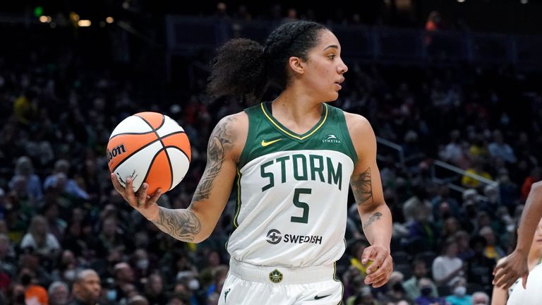 Seattle Storm forward Gabby Williams during the first half of a WNBA basketball game against the Chicago Sky, Wednesday, May 18, 2022 in Seattle.