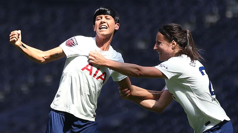 Ashleigh Neville celebrates after giving Tottenham the lead against Leicester
