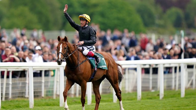Frankie Dettori waves to spectators after winning the Paddy Power Yorkshire Cup Stakes on Stradivarius