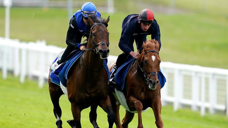 Walk Of Stars (left) and Nahanni limber up for the Derby at Epsom