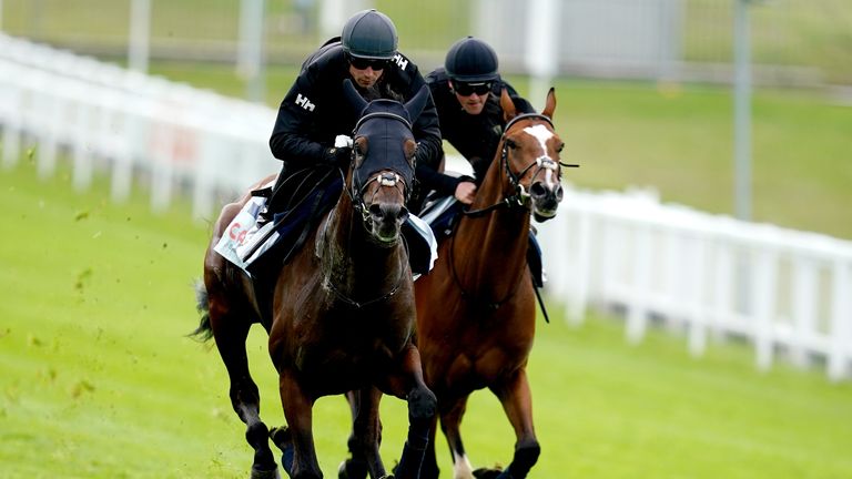 West Wind Blows ridden by Jack Mitchell (left) during the gallops morning ahead of the Cazoo Derby 2022 