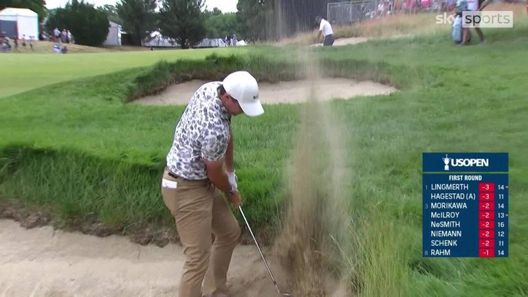 Rory McIlroy took out his frustration on the sand after chipping into the next bunker on the fifth hole at the US Open