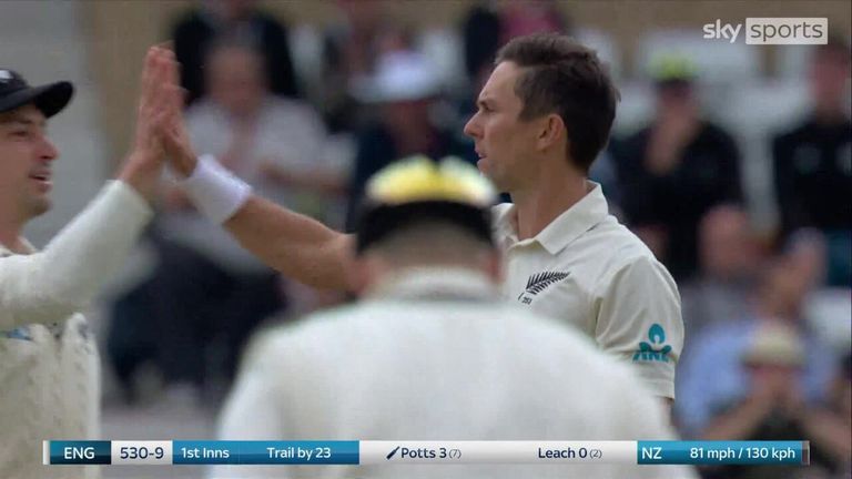 Trent Boult gets his 10th five-wicket hall with a wicked in-swinging yorker to dismiss Matthew Potts for 4.