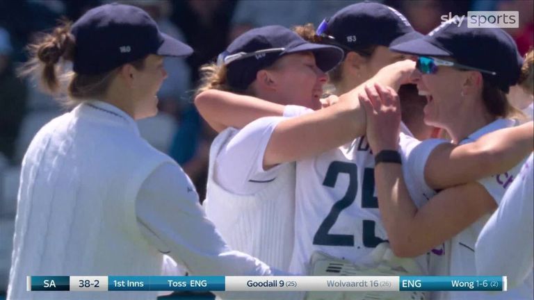 Issy Wong cleaned up Laura Wolvaardt through the gate for her first Test wicket