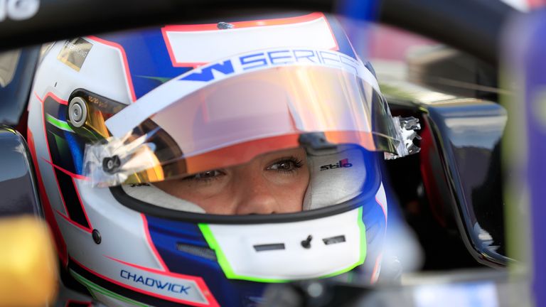 Jamie Chadwick looks on from the cockpit of her race car prior to the W Series race qualification on May 7, 2022 at the Miami International Autodrome in Miami Gardens, Florida.