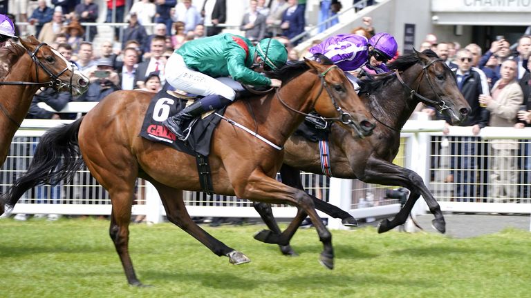 Shartash ridden by jockey Ben Coen (left) wins the Gain Railway Stakes with Blackbeard ridden by jockey Ryan Moore second during day two of the Dubai Duty Free Irish Derby Festival at Curragh Racecourse in County Kildare, Ireland. Picture date: Saturday June 25, 2022.