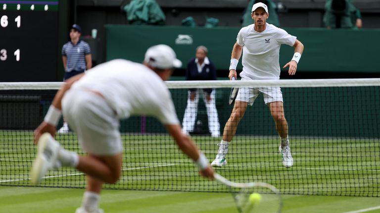 Andy Murray of Great Britain looks on against James Duckworth of Australia during Men&#39;s Singles First Round match during Day One of The Championships Wimbledon 2022 at All England Lawn Tennis and Croquet Club on June 27, 2022 in London, England. (Photo by Julian Finney/Getty Images)