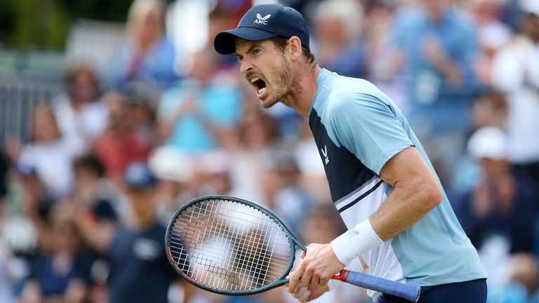 Andy Murray of Great Britain celebrates winning the first set after a tie break against Gijs Brouwer of Netherlands in their second round match at Surbiton Racket & Fitness Club on June 02, 2022 in Surbiton, England.