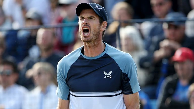 Andy Murray of Great Britain reacts against Denis Kudla of The United States in the Men&#39;s Singles Semi Final match on day 7 of the Surbiton Trophy at Surbiton Racket & Fitness Club on June 04, 2022 in Surbiton, England. (Photo by Steve Bardens/Getty Images)