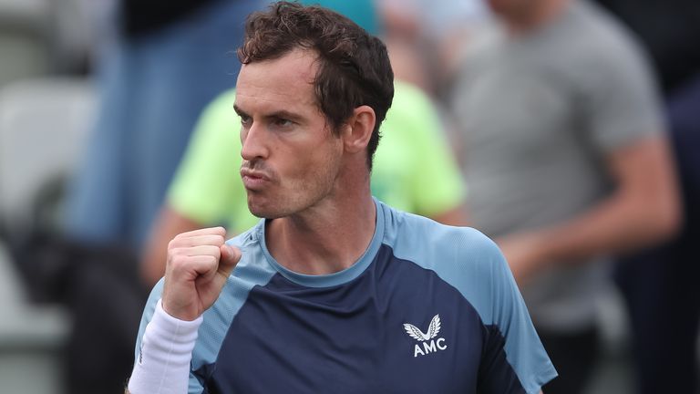 Andy Murray of Great Britain celebrates after winning the round of 16 match against Alexander Bublik of Kazakhstan during day four of the BOSS OPEN at Tennisclub Weissenhof on June 09, 2022 in Stuttgart, Germany. (Photo by Christian Kaspar-Bartke/Getty Images)